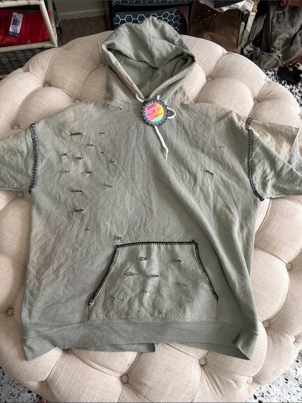 Free People X Tricia Fix Distressed Short-Sleeve Hoodie in Olive Green
